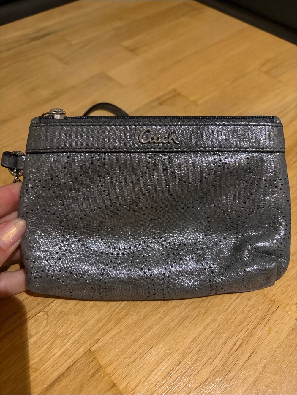 Coach Metallic Gray Perforated Leather Wristlet